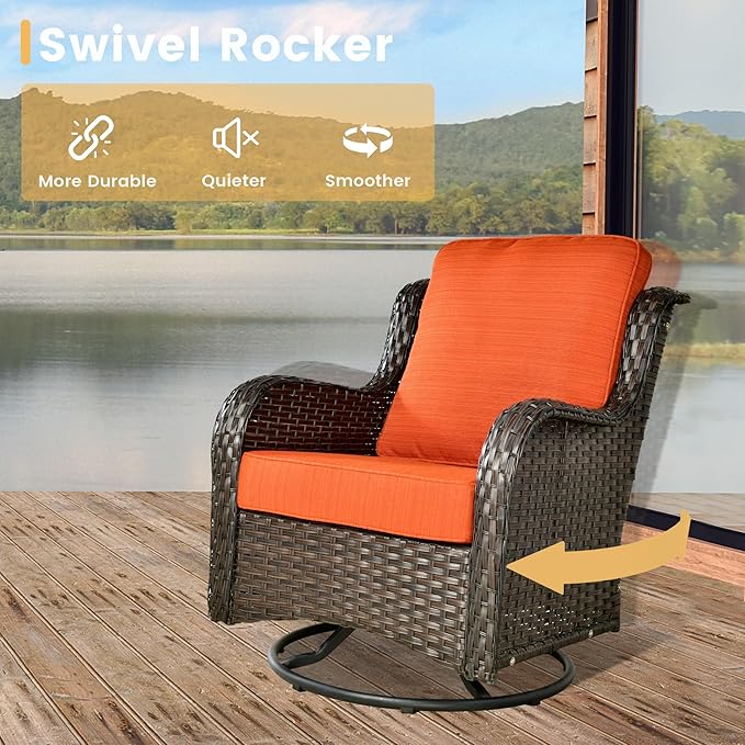 HOOOWOOO Patio Furniture Set,3 Piece Outdoor Furniture with Swivel Chairs,Wicker Patio Bistro Chairs Set,Orange Red