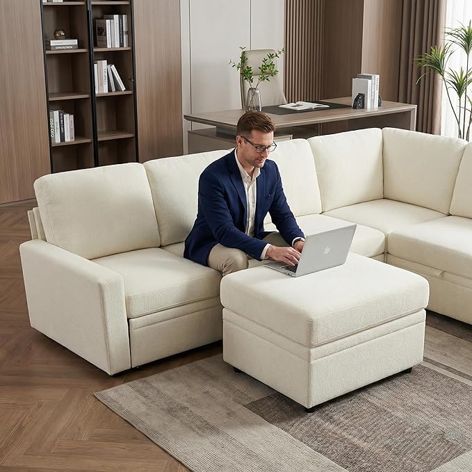 7-Seater Large Sectional Couch with Pull Out Bed, L Shaped Chenille Sofa with Storage, Convertible Modular Sofa, for Living Room, Apartment, Beige