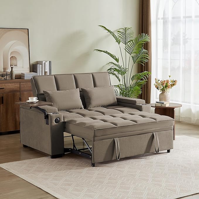 Eafurn Convertible Sleeper Sofa Bed with 360° Swivel Table & USB Ports, Tufted Chenille Loveseat Pull-Out Couch with Storage Armrest & Cup Holders, 6-Level Adjustable Backrest