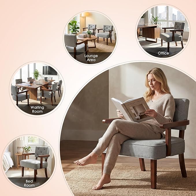 Versatile Side Arm Chair, Small Modern Accent Chair, Upholstered Wooden Armchair, Corner Chair with Arm Rest,Tufted Backrest, Cushion, for Office,Waiting/Reading/Living Room, Grey