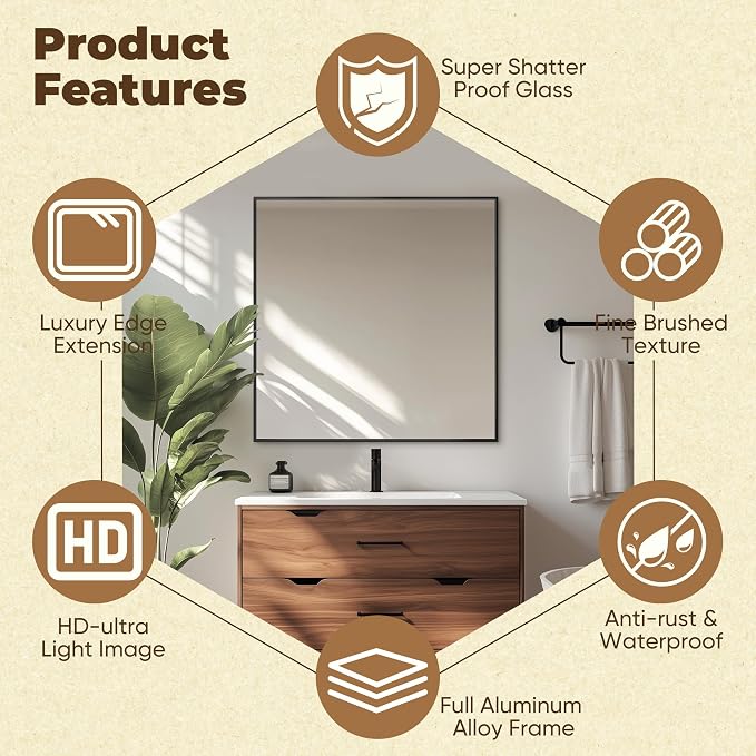 Antok 36x36 Black Metal Framed Bathroom Mirror, Wall Mirror with Rect Corners, Vanity Mirror for Over Sink, Anti-Rust Tempered Glass, Horizontal/Vertical Hanging for Bathroom, Living Room, Entryway - Image 6