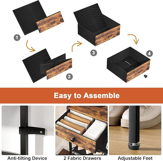 Shoe Rack, 5 Tier Shoe Organizer with 3 Drawers, Metal Shoe Storage for 24-30 Pairs of Shoes with Fabric Shelves and Wooden Top, Narrow Shoe Shelf for Closet Entryway Rustic Brown - Image 5