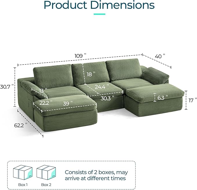 LINSY HOME 109" Modular Couch Modern Boneless Cloud Couch, U Shaped Sofa with Movable Ottomans, Deep Seat Corduroy Sectional Couches for Living Room, Apartment, No Assembly Required, Green