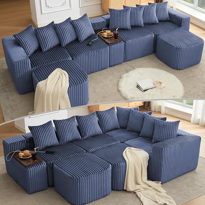 Oversized Cloud Modular Sectional Sofa Boneless Couch with Movable Ottomans,Free Combination Memory Foam Floor Couch with Charging Port & Cup Holders for Living Room | Coffee Table Board, Wireless Charge, No Assembly
