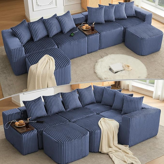 Oversized Cloud Modular Sectional Sofa Boneless Couch with Movable Ottomans,Free Combination Memory Foam Floor Couch with Charging Port & Cup Holders for Living Room | Coffee Table Board, Wireless Charge, No Assembly