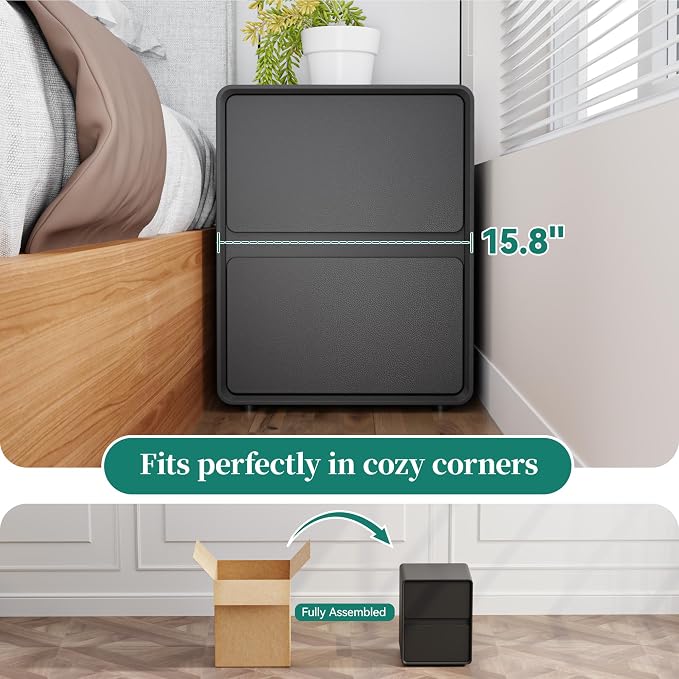 15.8" W Faux Leather Narrow Nightstand, Modern Fully-Assembled Bedside Table with 2 Drawers, Wood Night Stand Small Accent End Table & Side Table for Bedroom, Black - Image 4