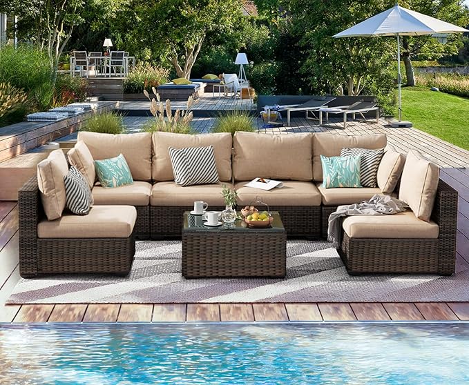 7 Pieces Patio Furniture Set, Rattan Outdoor Sectional Conversation Sets, All Weather Outdoor Furniture Set with Cushions for Garden Lawn Balcony Porch Deck Beige