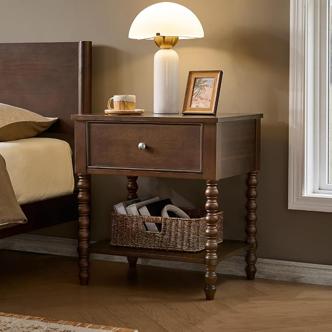 AMERLIFE 24" Walnut Nightstand, Vintage Bedside Table for Bedroom, Solid Wood Night Stand with Turned Legs, End Table with Drawer & Open Shelf, Large/Tall Nightstand, Walnut Finish by AMERLIFE