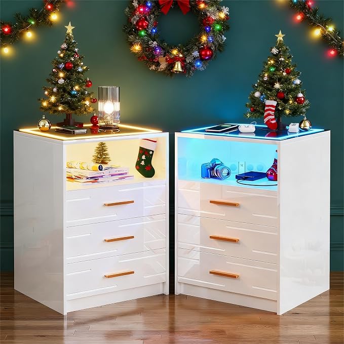 Lvifur LED Nightstand Set of 2 with Wireless Charging Station and USB&Type-C Ports for Bedroom White,3 Color Dimmable Bedside Table with Touch Screen for Office - Image 8