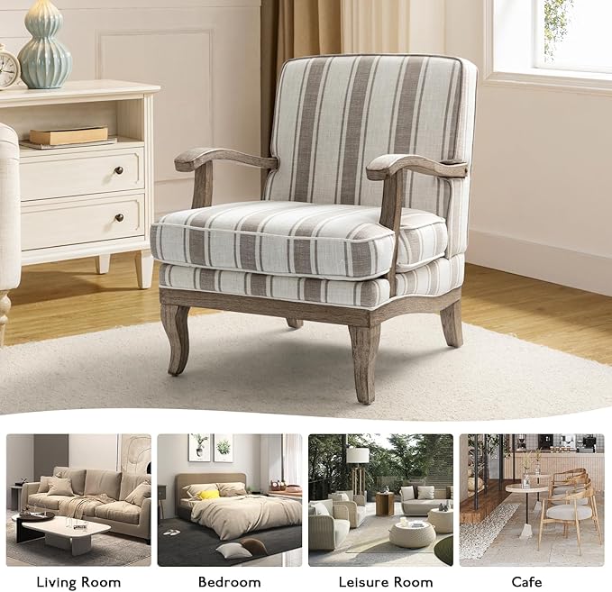 HULALA HOME Upholstered Accent Chair, Mid-Century Modern Striped Chair with Graceful Curves and Wooden Legs, Comfy Lounge Armchair Striped Accent Chairs for Living Room, Bedroom (TAN)