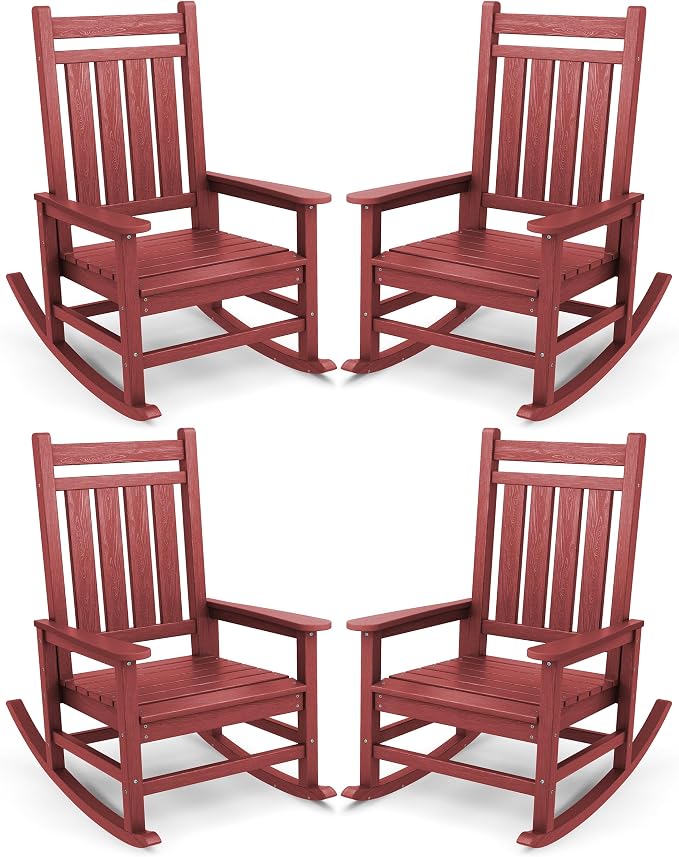 SERWALL Oversized Outdoor Rocking Chair Set of 4, HDPE Rocker for Adults, Patio Rocking Chairs for Porch, Crimson Red by SERWALL