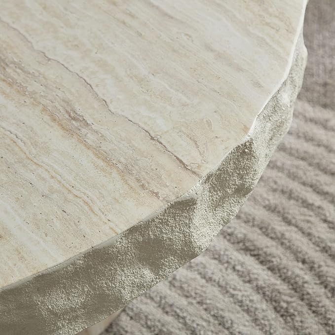 Round Coffee Table Set of 2, Faux Marble Pattern Center Table Imitation Stone Cement Table with Side Table for Living Room Apartment (Fiberglass 31.69" & 23.82")