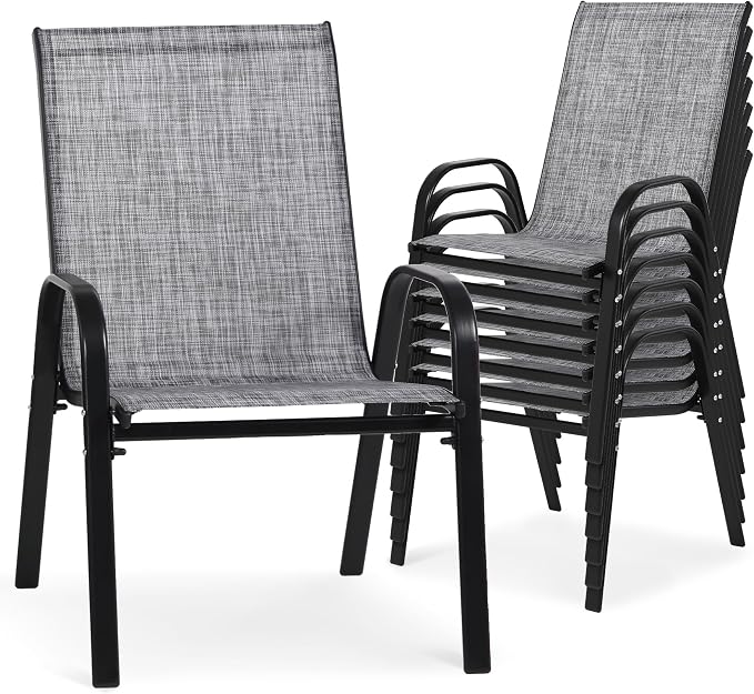 Outdoor Stackable Chairs Set of 8, Stacking Patio Chairs with Textilene Fabric, Outside Furniture for Garden Backyard Balconie Poolside Deck, Grey by Villeston