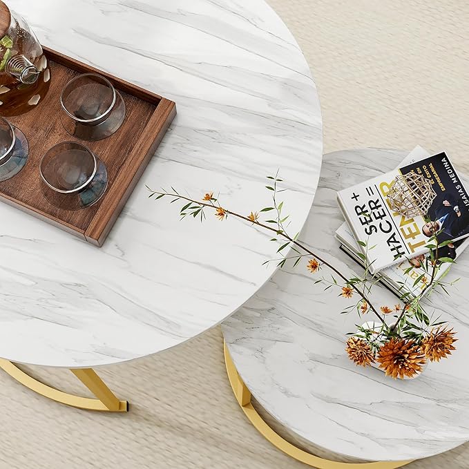HOJINLINERO Round Coffee Table,Nesting Coffee Table Set of 2,Center Tables for Living Room,Office, Home Small Space,Stacking Side Tables,Sturdy and Easy Assembly,Wood Desktop,Golden+White,Large