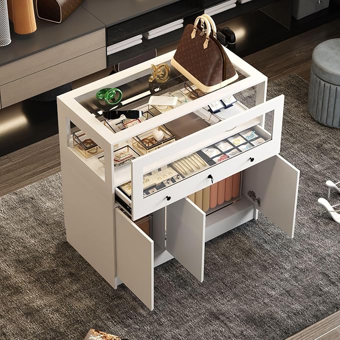 Armoire Bedroom Island Wardrobe Closet Island with Glass Drawer & 3 Doors, Island Glass Dresser Closet Island for Bedroom Cloakroom Store White (39.3”W x 19.6”W x 39.3”H)
