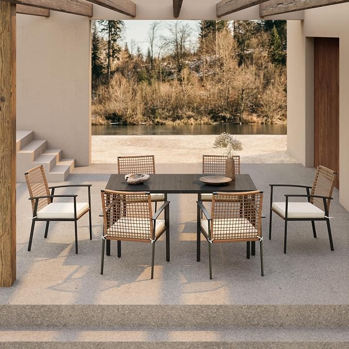LAUSAINT HOME 7 Pieces Patio Dining Set, Outdoor Furniture Set of 6 Chairs with Soft Cushion and Iron Slats Table Top with Umbrella Hole, Conversation Set for Backyard, Garden and Poolside by LAUSAINTHOME