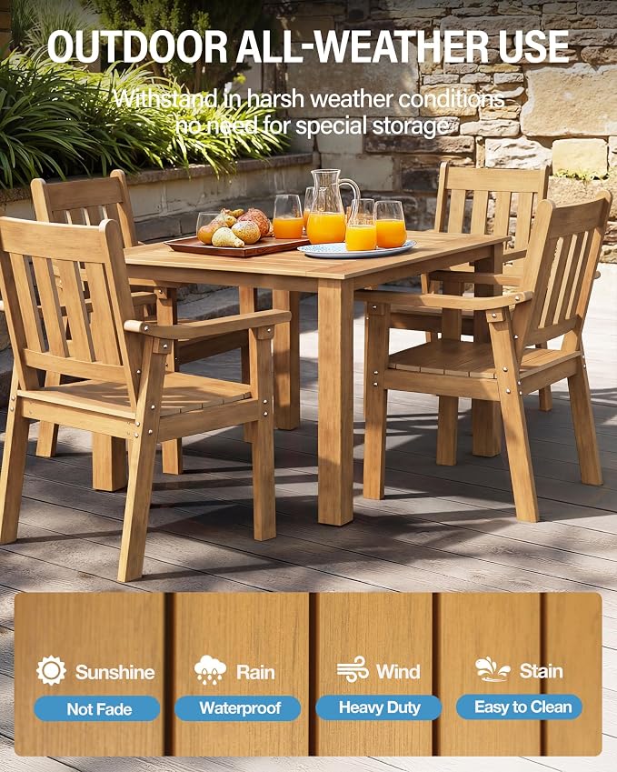 YEFU HIPS Patio Table Set: 5 Piece Outdoor Square Table and Chairs with Metal Aluminum Frame - Teak Modern Plastic Patio Dining Furniture Set 4 Person for Outside Deck - Image 3