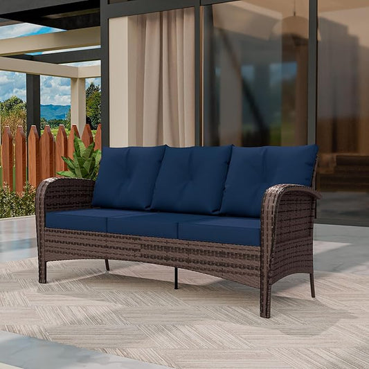 Patio 3-Seater Sofa, PE Wicker Outdoor Lounge with Thick Removable Cushions, Rust-Proof Steel Frame, 900LBS Capacity, Blue