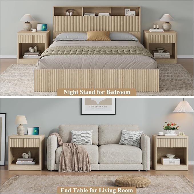 Fluted Nightstand Set of 2 with Charging Station, 23.6" Wood End Table with Solid Wood Handle, Curved Profile Design, Mid Century Moden Bedside Table for Bedroom, Living Room, Natural Oak - Image 7