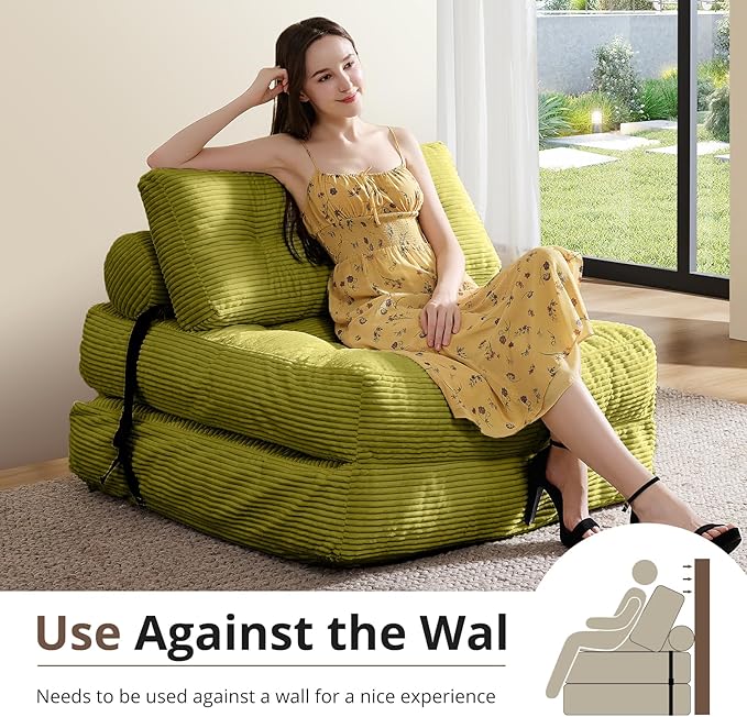 Folding Sofa Bed, Convertible Sleeper Chair with Pillow, Foldable Mattress with Back Support, Portable Floor Sofa Lounge for Living Room Bedroom Dorm(Green, Single)
