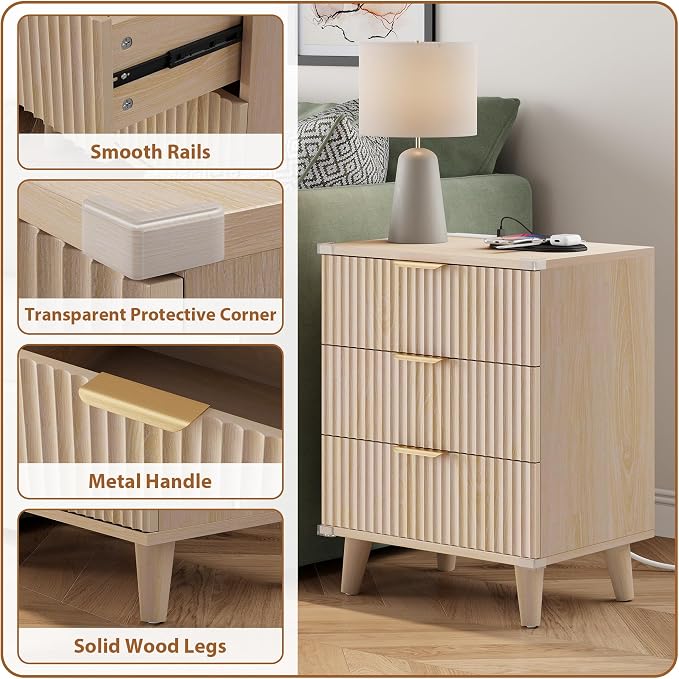 Lulive Wood Nightstand with Charging Station, 3 Drawers Fluted Design, Modern End Table for Bedroom Natural Oak - Image 7