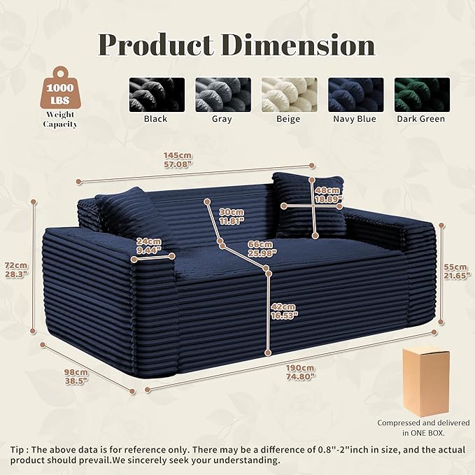 75" Cloud Loveseat Sofa, 26" Deep Seat Boneless Couches for Living Room, Modern 3 Seater Sofa with Throw Pillows, Corduroy Compression Sofa in Box, No Assembly Couch for Bedroom, Dorm, Dark Blue
