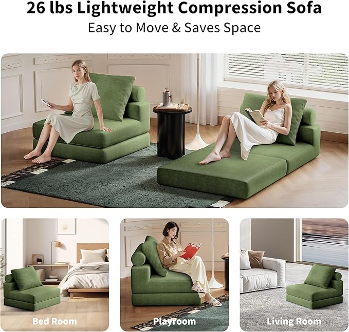 Folding Sofa Bed, 3-in-1 Convertible Sleeper Chair Bed with Pillows, Foldable Floor Couch with High-Density Foam, Futon Small Boneless Couch for Living Room Bedroom Lounge, Single, Green