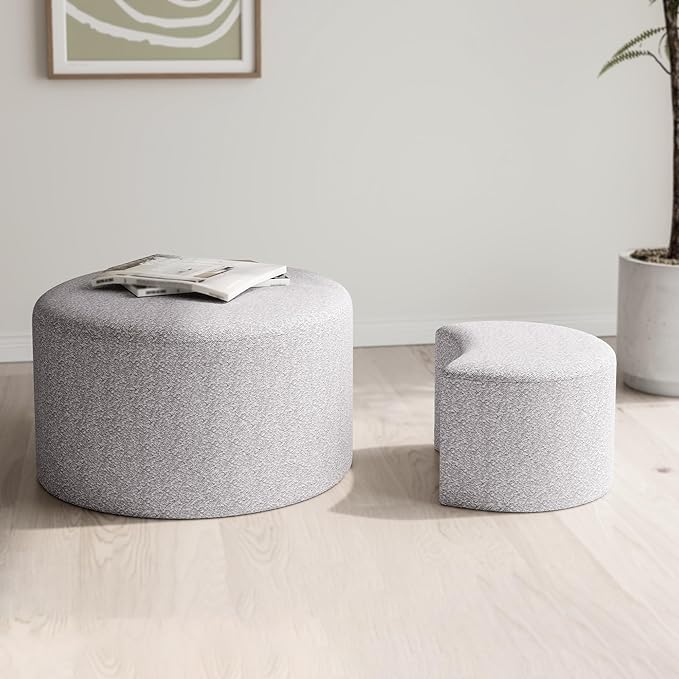 kevinplus Upholstered Round Nesting Coffee Tables Set of 2 for Living Room, Modern Contemporary Round Coffee Table Side Table End Table Ottoman, No Assembly, Yarn Dyed Fabric, Beige