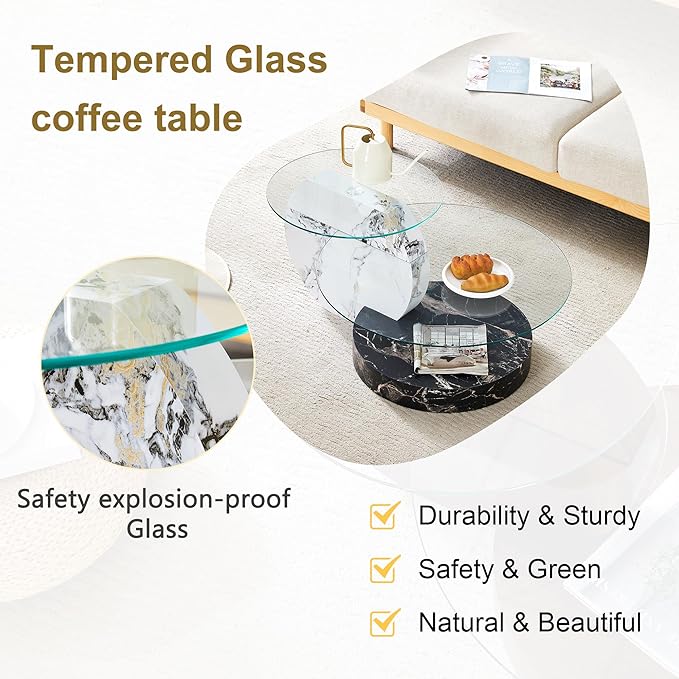 35.4" Glass Coffee Table, Round Coffee Table, 2-Tier Tempered Glass Tabletop with White and Black Faux Marble Base, Modern Center Table for Living Room, Home, Apartment, Ideal for Small Space