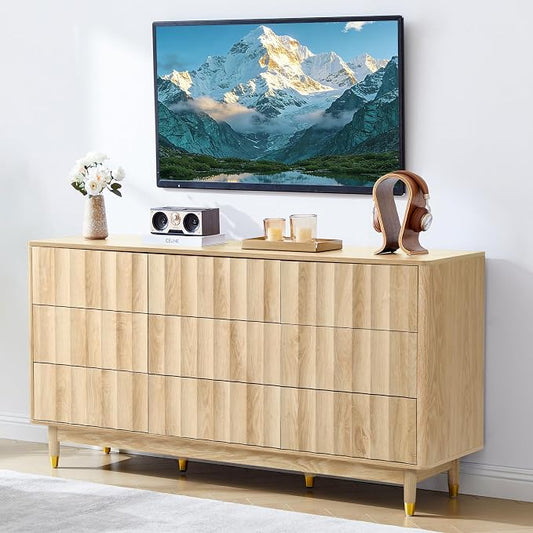 Bifins Fluted Dresser for Bedroom with 9 Drawers, 60" Wide Mid Century Modern Chest of Storage Drawers, Large Wood TV Dresser for Bedroom Living Room by BifinsFurniture