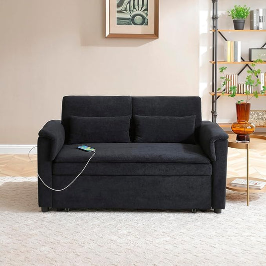 Convertible Loveseat Pull Out Sleeper Sofabed Futon Loveseat Lounge Couch for Living Room 3 in 1 Multi-Functional Pullout Sofa Bed with Reclining Backrest , USB Ports and Side Pockets for Home Office