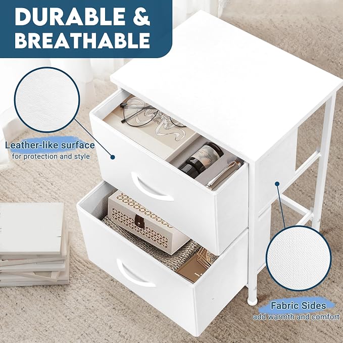 LOFTEY White Nightstand, Bedside Table with 2 Fabric Drawers, Small Kids Night Stand for Bedroom, Bed Side Table with Storage, 15.7" L x 11.8" W x 21" H - Image 5