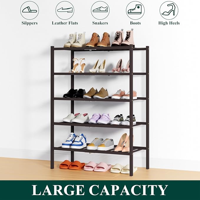 Smiry Shoe Rack, 5 Tier Thick Bamboo Shoe Organizer, Stackable Free Standing Wooden Shoe Storage Shelf for Closet, Entryway, Front Door Entrance, Brown - Image 7