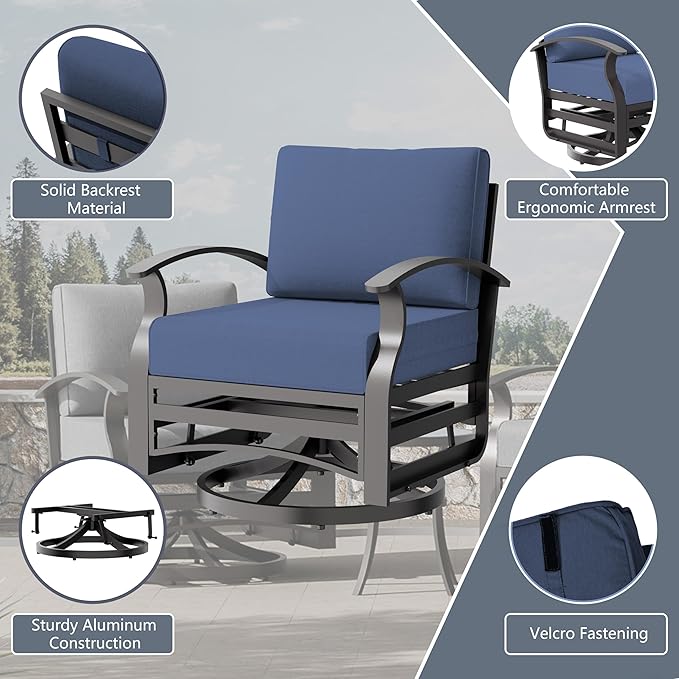 Aluminum Outdoor Patio Furniture Set,5 Pieces 7 Seats Patio Conversation Sets with 2 Swivel Rocking Chairs,Metal Patio Sectional Furniture Set with 5.1" Thickened Cushions,Navy Blue