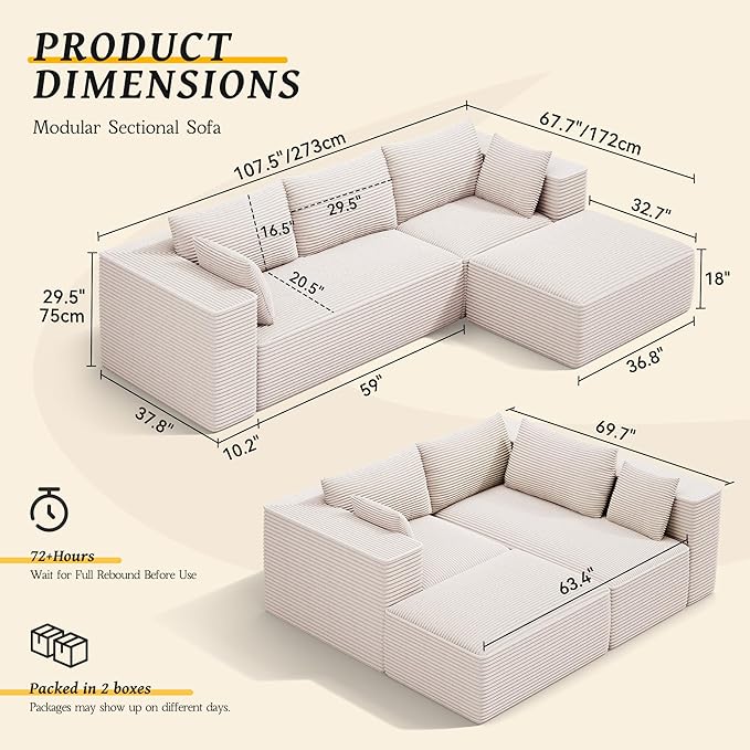DWVO 108" Modular Sectional Couch with L-Shape Chaise, Modern Cloud Sectional Sofa with Deep Seat, Upholstered Couches for Living Room Bedroom, No Assembly Required, Beige