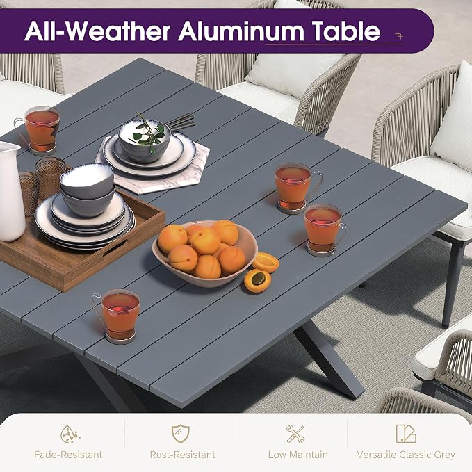 PURPLE LEAF 9 Pieces Outdoor Metal Furniture Set Patio Conversation Sets Dining Set, 1 Square Dining Table and 8 Modern Chairs with Cushions Seat Taupe - Image 3