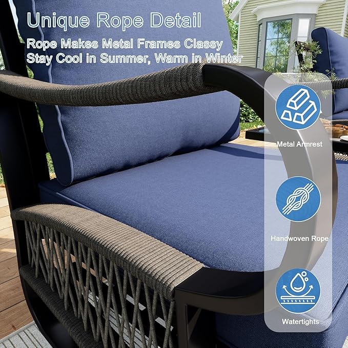 3 Pieces Modern Patio Furniture Set, All Weather Metal Outdoor Conversation Sets with Fire Pit Table for Backyard Garden Deck Porch Poolside, Blue