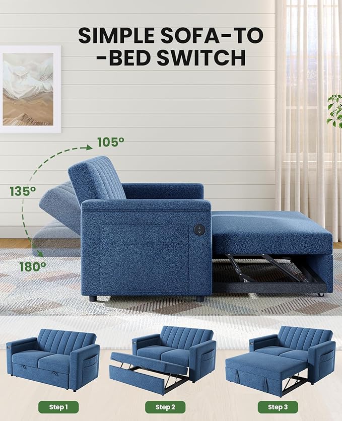 Marsail 3-in-1 Convertible Sofa Bed, 54" Sleeper Sofa with Solid Wood Side Table & Frame, Pull-Out Couch with USB Ports & Side Pockets, Loveseat Sofa with Adjustable Backrest, Blue