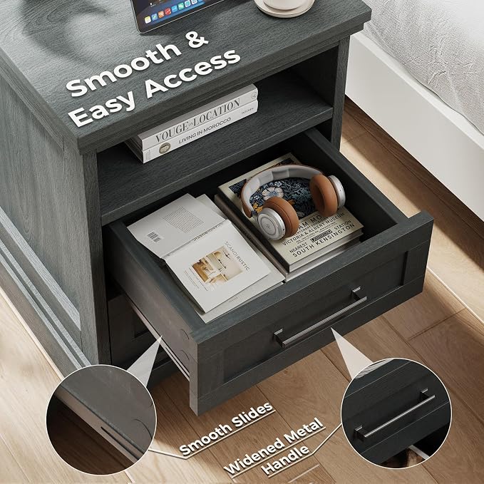 DUMOS Nightstand with Charging Station, Wood Farmhouse Bedside Table with 2 Drawers and Open Shelf, Wood End Table, Modern Side Table for Bedroom, Black - Image 7