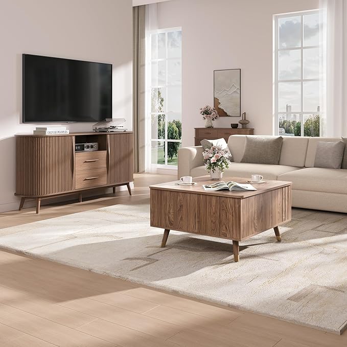 32" Square Lift Top Coffee Table with Storage, Mid Century Modern Walnut Center Table with Rising Desktop for Living Room, Brown Wood Finish