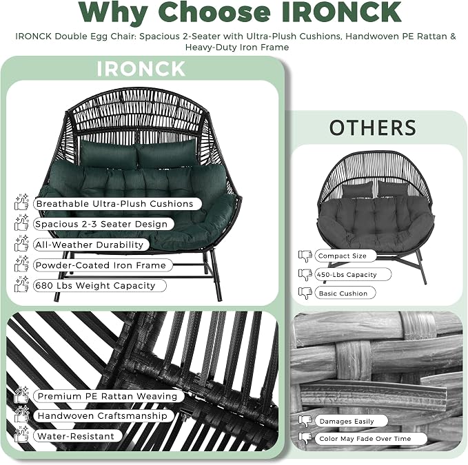 IRONCK Egg Chair Outdoor, Double Wicker Egg Lounge Chair, Upgraded Feet, Handrest and Padded Cushion, 700Lbs, Oversized Loveseat for Backyard, Patio, Living Room, Dark Green - Image 4
