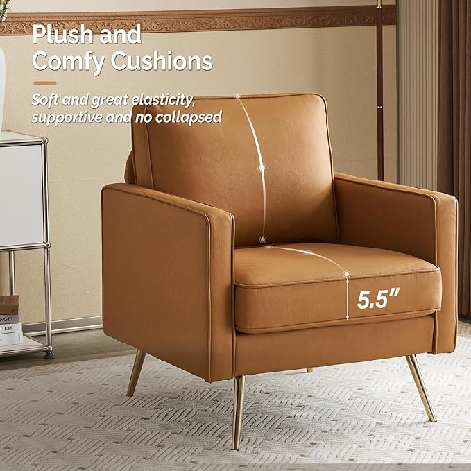 VINGLI PU Leather Accent Chair Brown Mid Century Modern Upholstered Sofa Chairs with Arms, Gold Legs for Living Room, Bedroom, Apartment