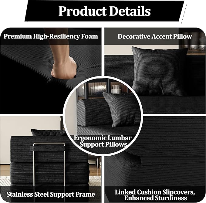 31.5'' Convertible Compressed Corduroy Folding Cloud Sofa Bed Set of 2, 2 Pieces Modern Boneless Pull Out Sleeper Sofa Couch, 3 in 1 Portable Lazy Floor Lounge Chair Set, No Assembly Needed, Black