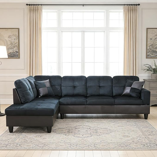 103.5 Inch Modern L-Shaped Couch, Flannel Sectional Sofa with Chaise Lounge, 4-Seater Couch with Accent Pillows for Living Room, Apartment, Dark Blue & Brown