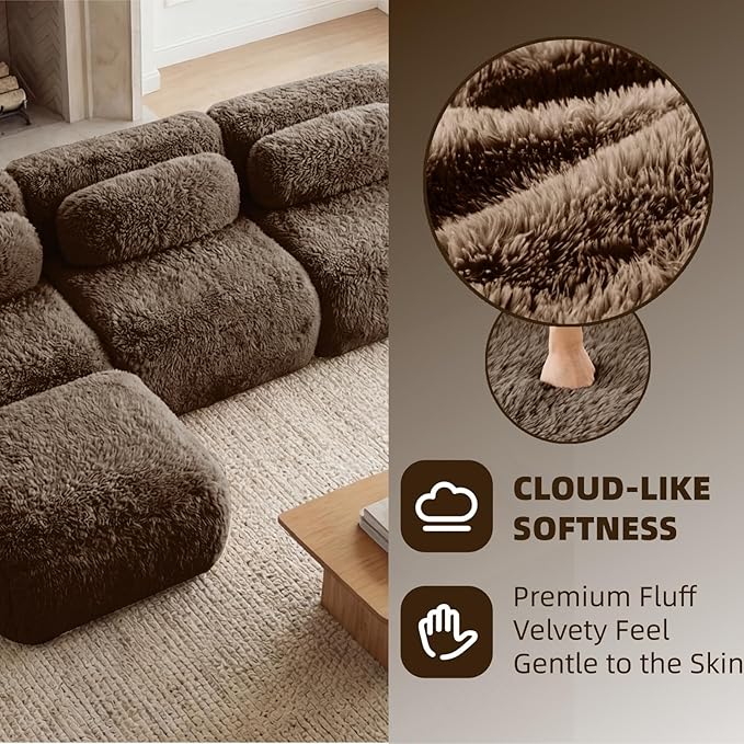 114.7" L-Shaped Boneless Modular Sofa, Plush Foam Lounge Couch, 32D High Density Sponge, Plush Convertible Sofa Set Deep Seat Couches for Living Room, Bedroom and Apartment, Chocolate