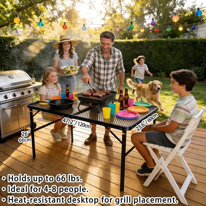 4 ft Folding Table with Metal Mesh Desktop, Grill Table Camping Table with Carry Handle,Adjustable Height (16.5" & 26"), Outdoor Table for Camp, Cooking, BBQ, RV, Picnic,Fits 4–8 People,Black - Image 4