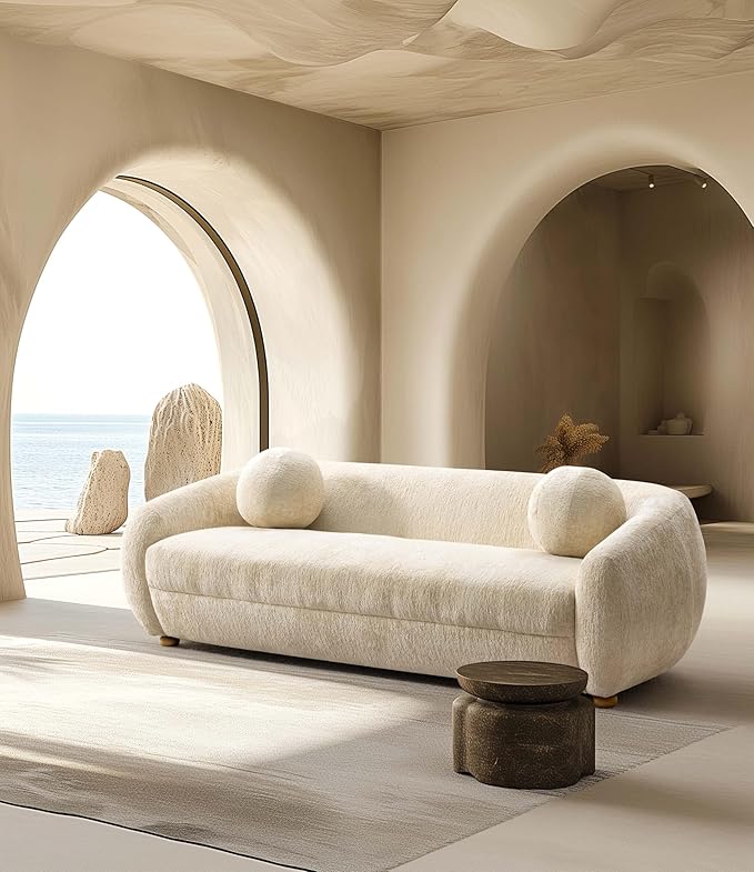 Manhattan Comfort Tribeca 86" Sofa for Living Room, Upholstered in Chenille Fabric, Kiln-Dried Birch Wood Frame, Modern Couch, Includes 2 Round Pillow, Fully Assembled, Cream