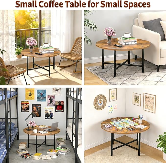 Round Coffee Table, 23.6" Small Coffee Tables for Living Room, Circle Coffee Table with Metal Frame, Floor Table Desk for Sitting on The Floor, Home, Office, Rustic Brown