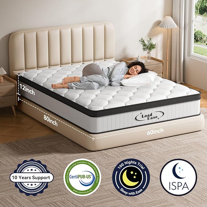 Mattress Queen Size, 12 Inch Queen Hybrid Mattress in a Box, Medium Firm Memory Foam & Individually Wrapped Pocket Springs for Pain Relief, Motion Isolation, Edge Support, 80x60x12
