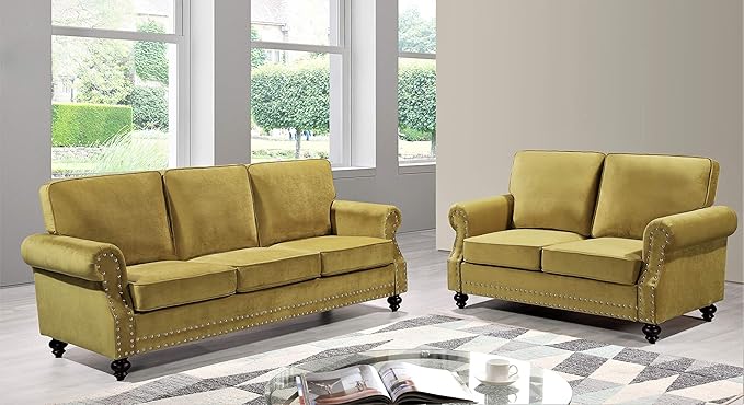 Lotus Mid Century Modern Velvet Upholstered Living Room Rolled Arms, Sofa and Loveseat, Tuscan Sun